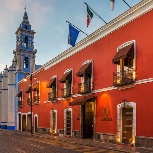 a building with flags on the side