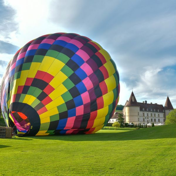 a hot air balloon in a field