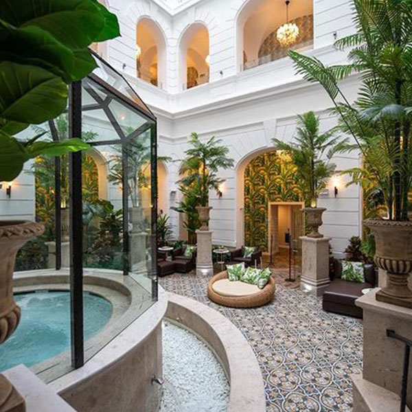 a room with a glass wall and a fountain and plants