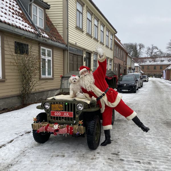 a man in a garment on a jeep with a dog on the hood