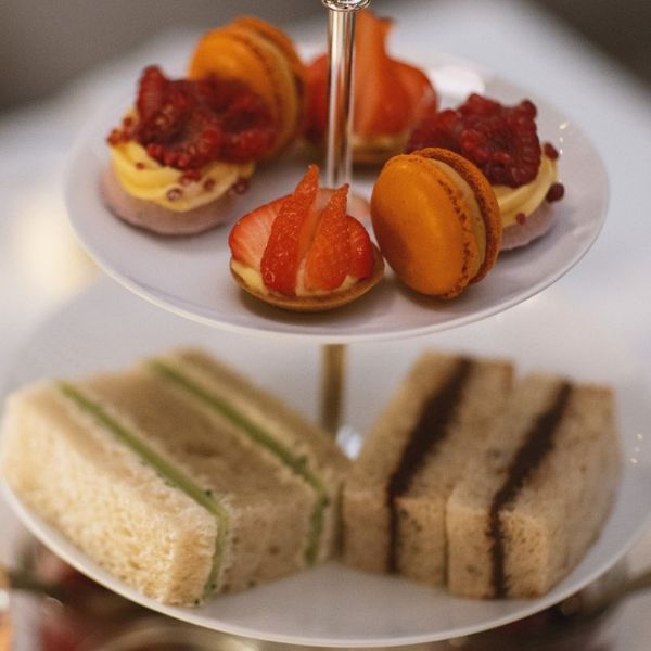 a plate of food on a stand