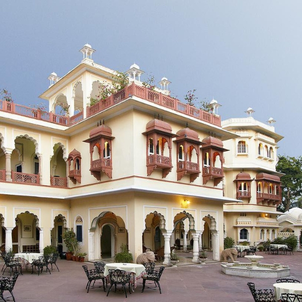 a building with tables and chairs