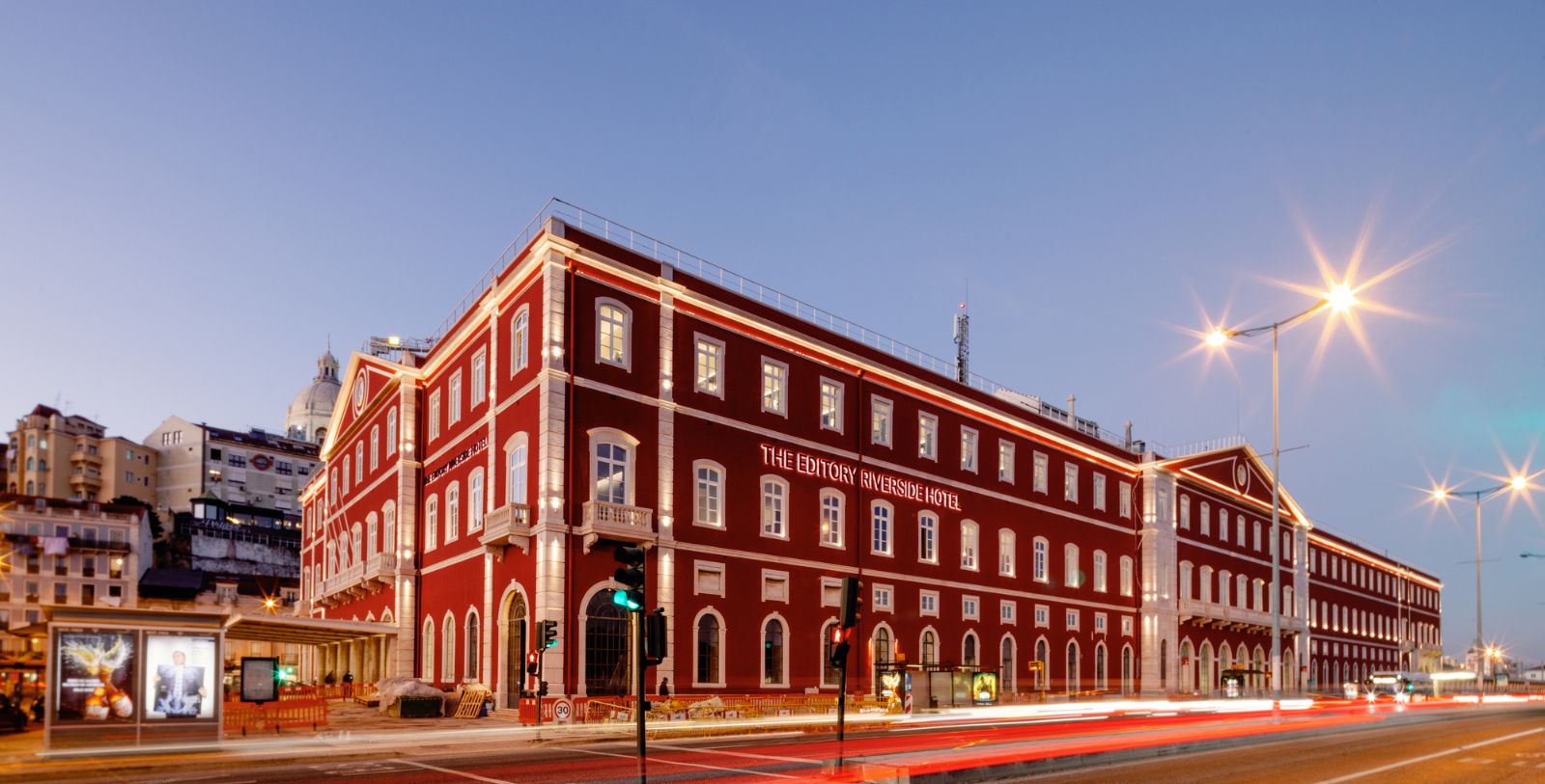 a red building with white trim