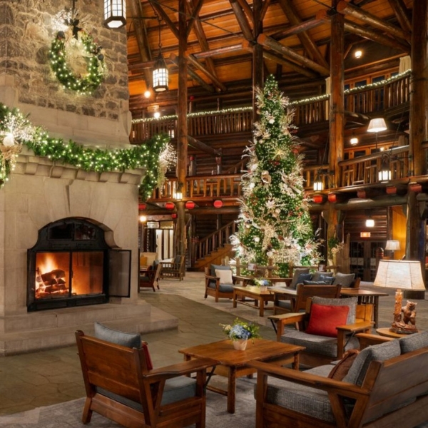 a room with a fireplace and a christmas tree