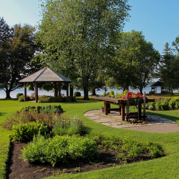 a park with a gazebo and a table