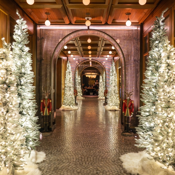 a hallway with white trees and lights
