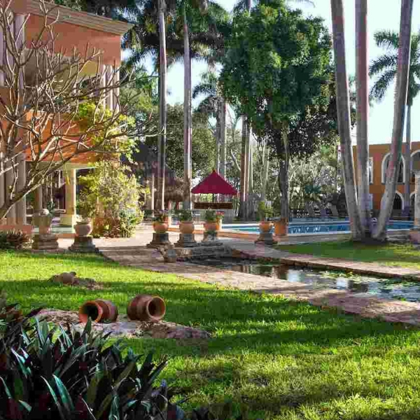 a lawn with trees and a pool in the background