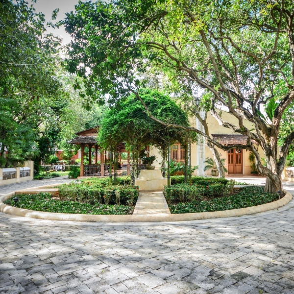 a circular stone walkway with trees around it