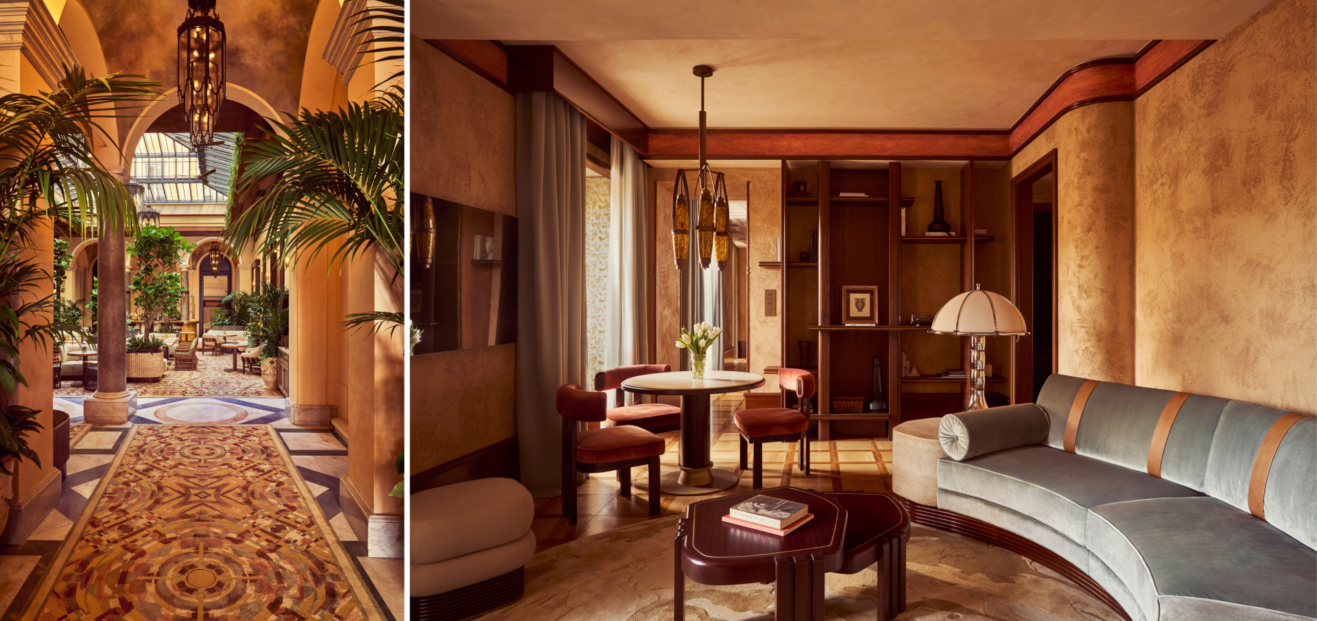 a room with a round table and chairs
