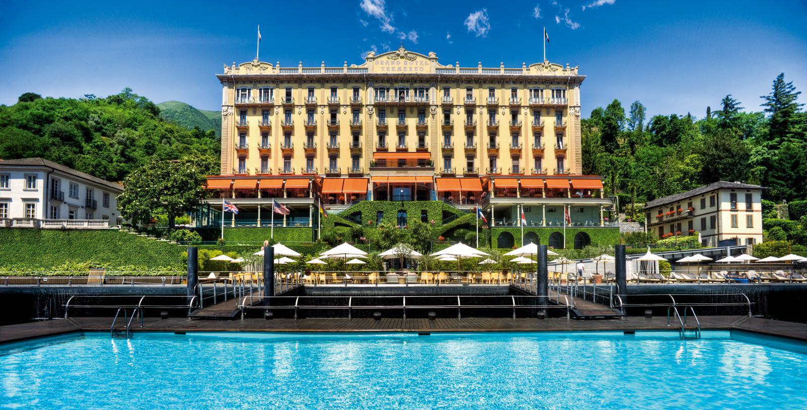 a pool with a building in the background