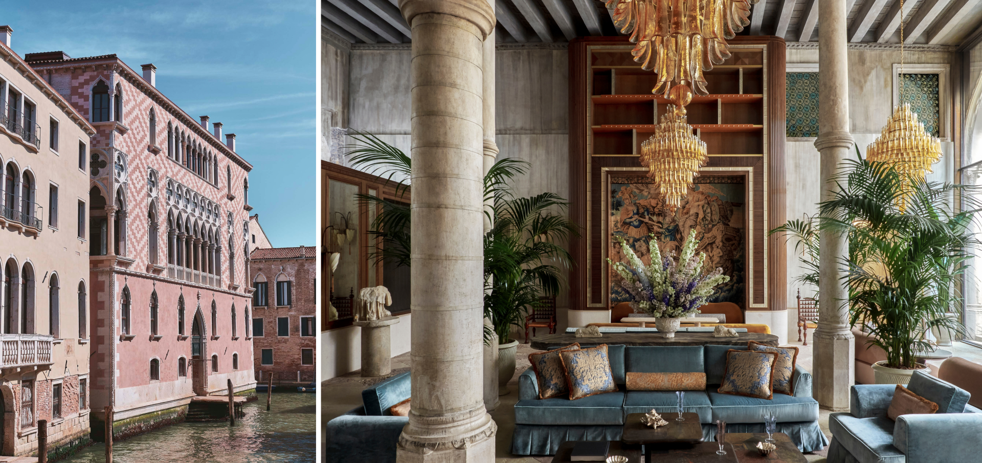 a room with a large stone column and a couch