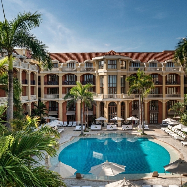 a pool in front of a building