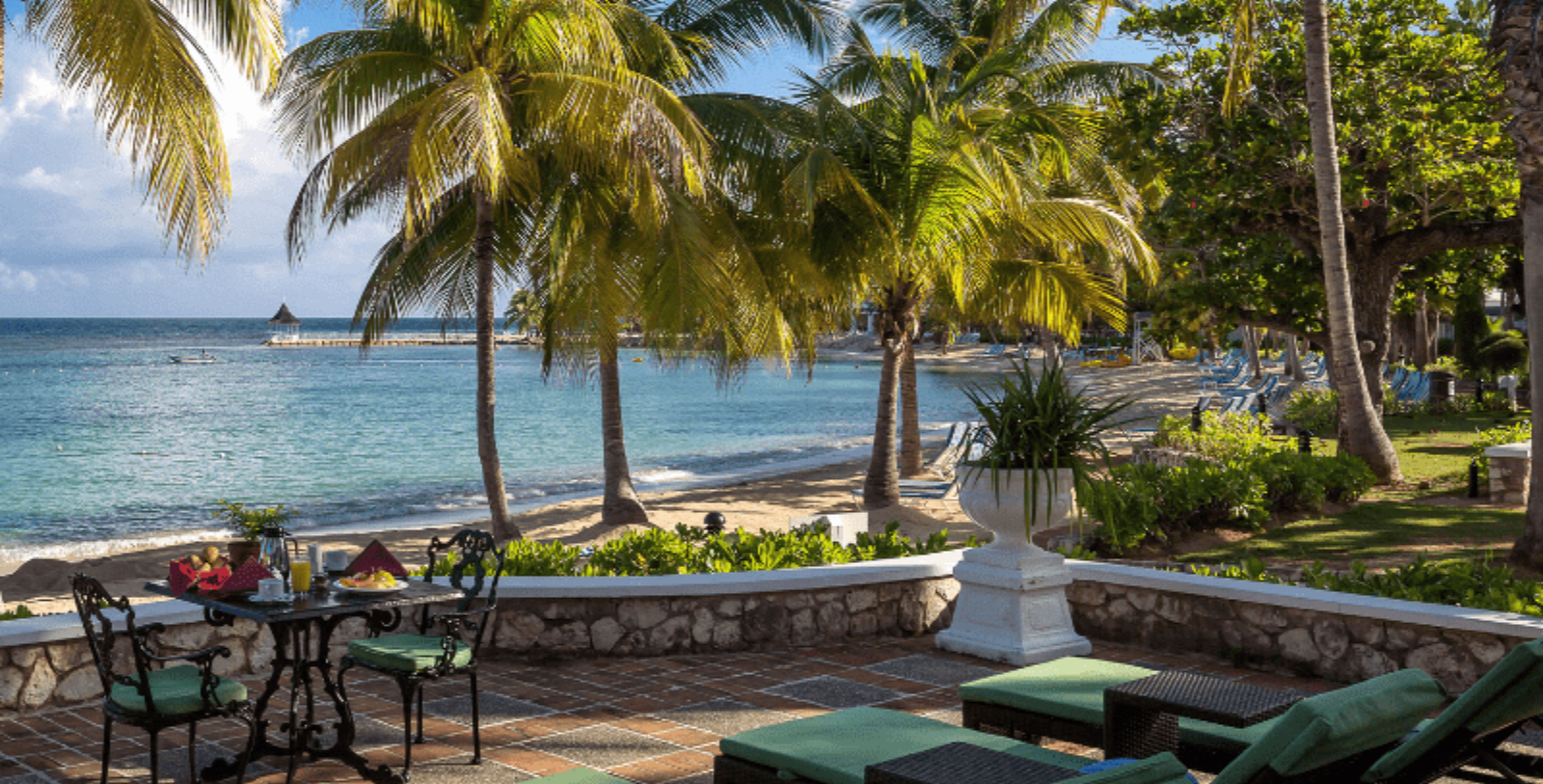 a beach with palm trees and chairs