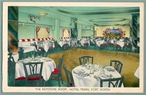 Vintage postcard illustration of The Keystone Room at Hotel Texas in Fort Worth, showing an expansive dining hall with round tables, red-cushioned chairs, and a dance floor.