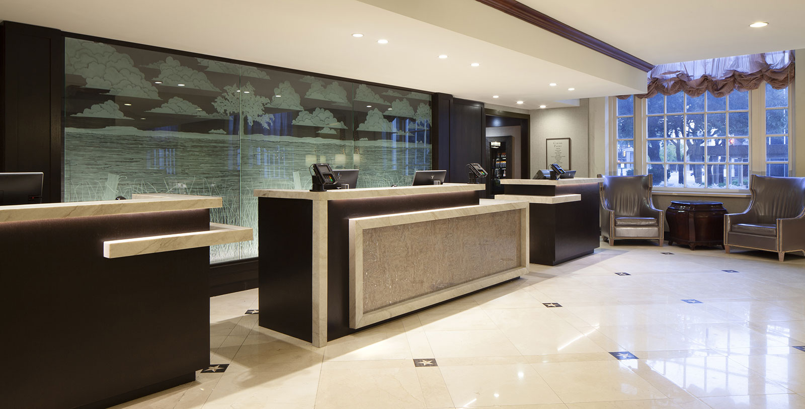 a reception desks in a hotel