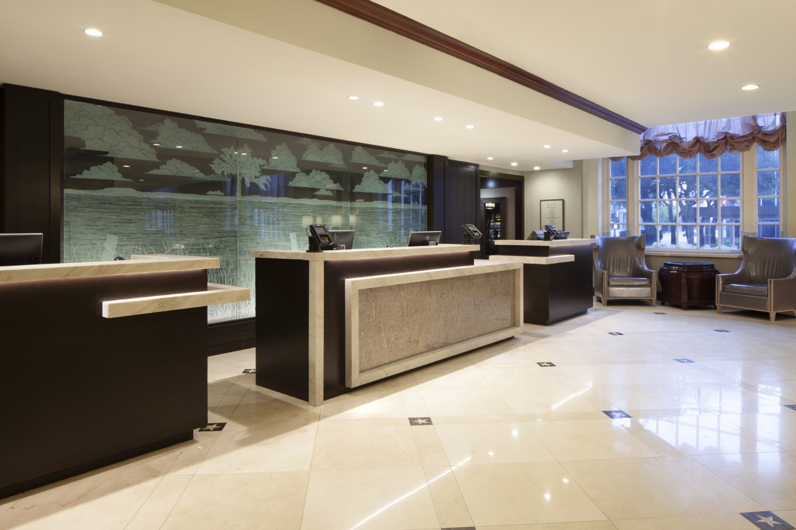 a reception area with a large window