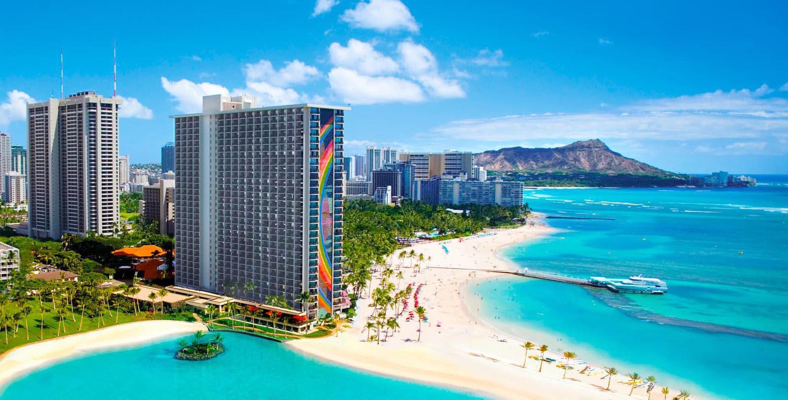 a large building on a beach