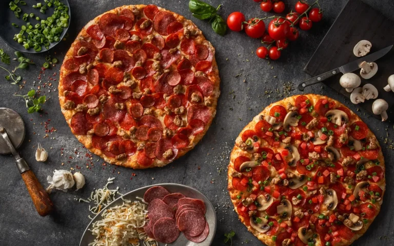 two pizzas with meat and vegetables on a table
