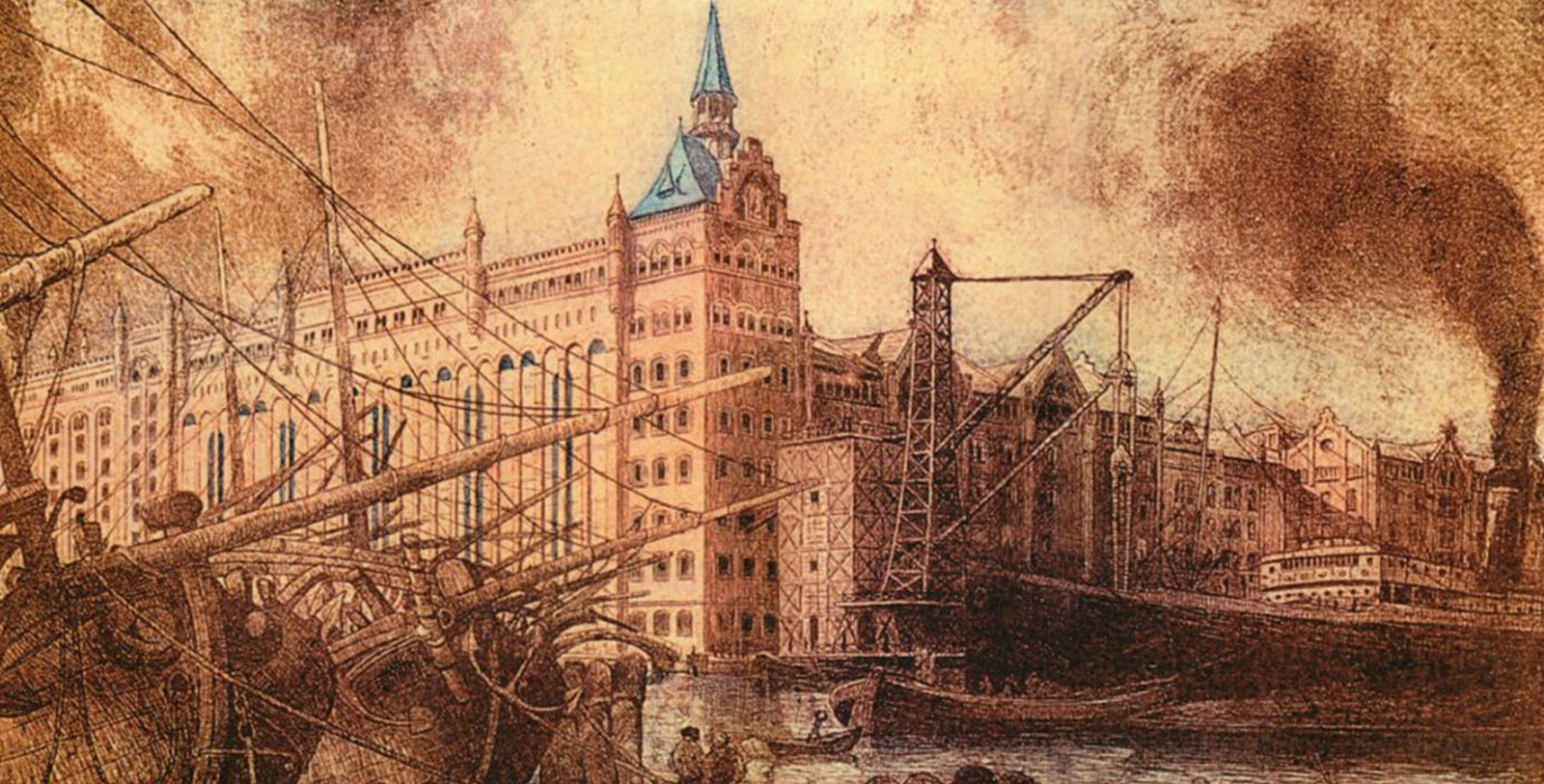 a drawing of a building with a crane and boats