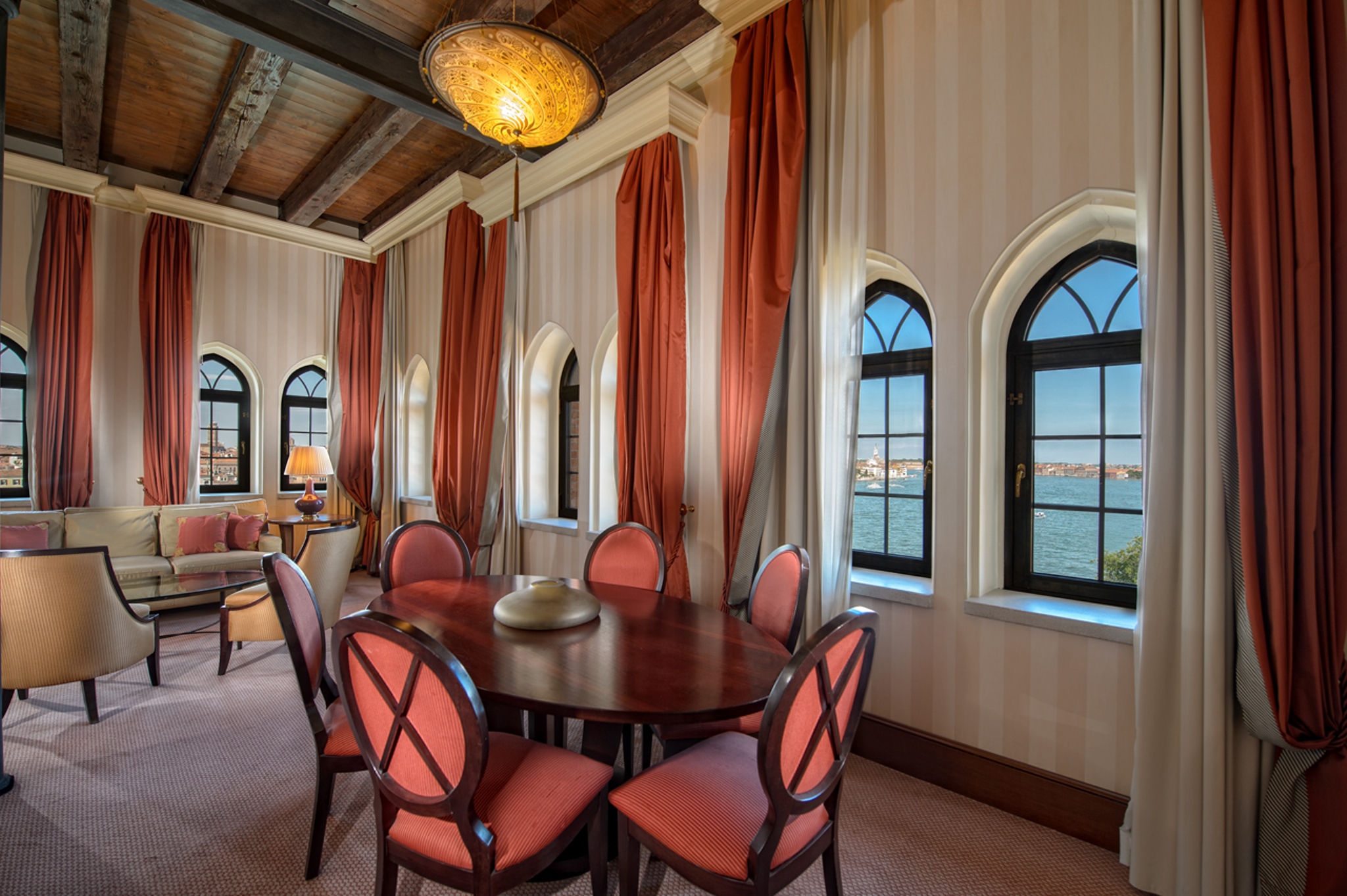 a room with a table and chairs