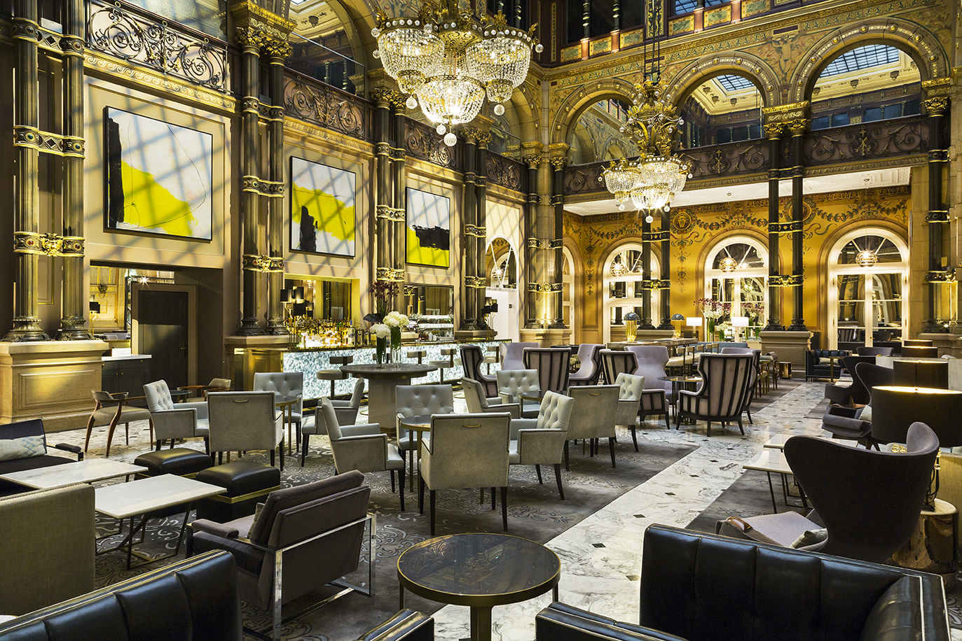 a large room with tables and chairs