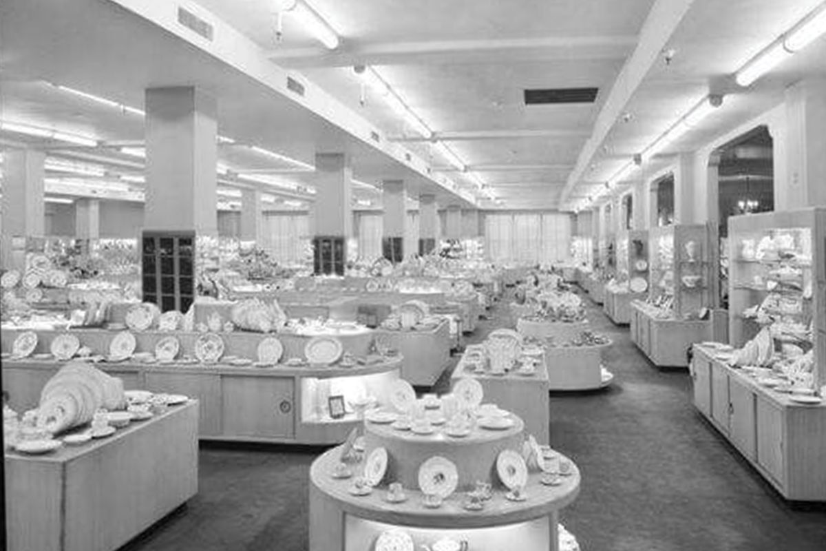 a room with many plates and dishes