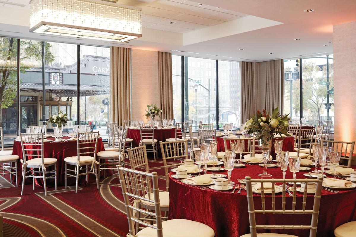 a room with tables and chairs
