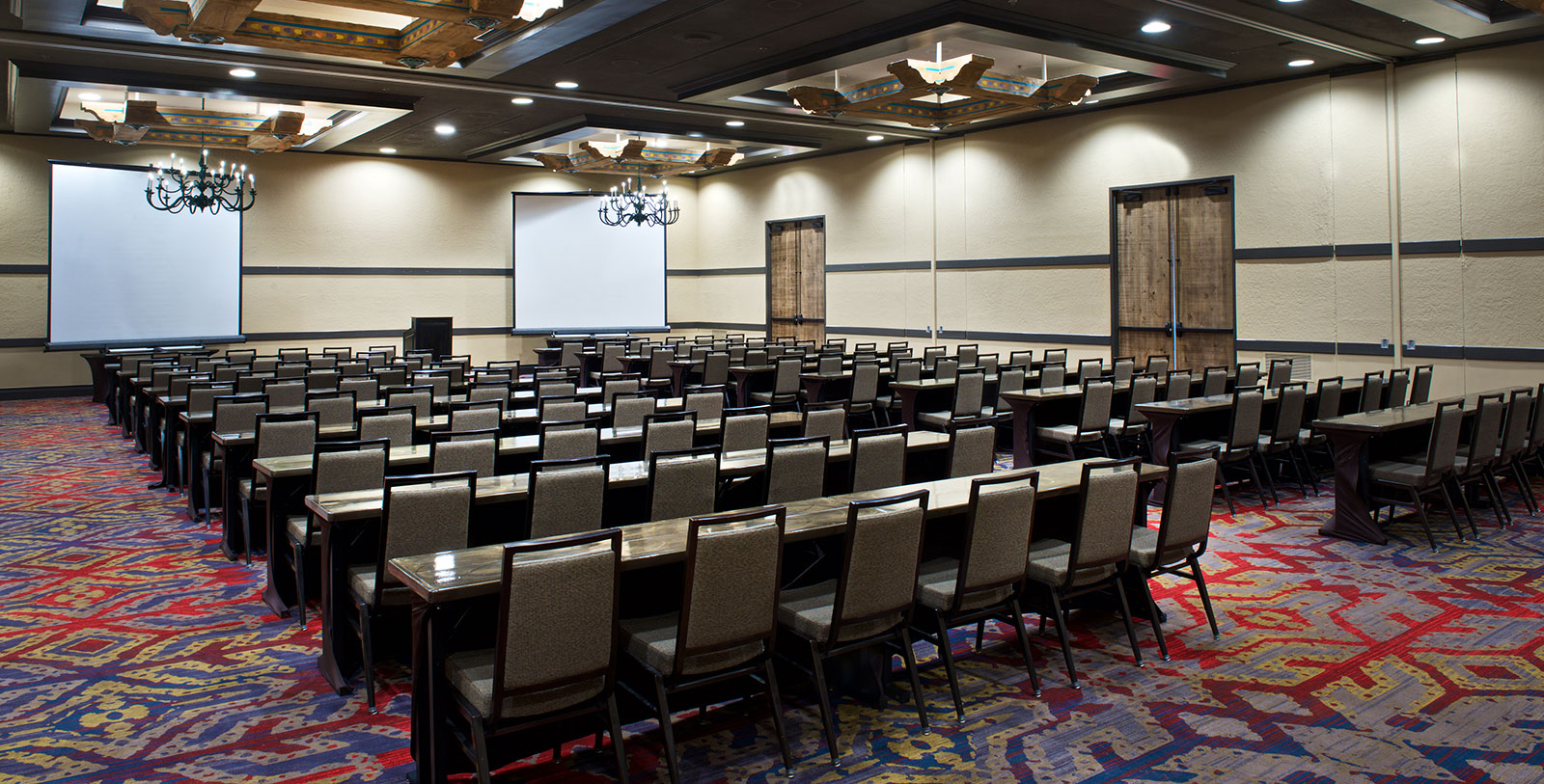 a room with tables and chairs