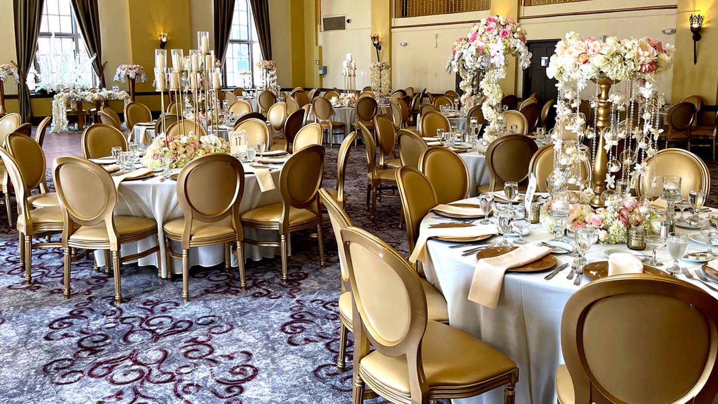 a room with tables and chairs