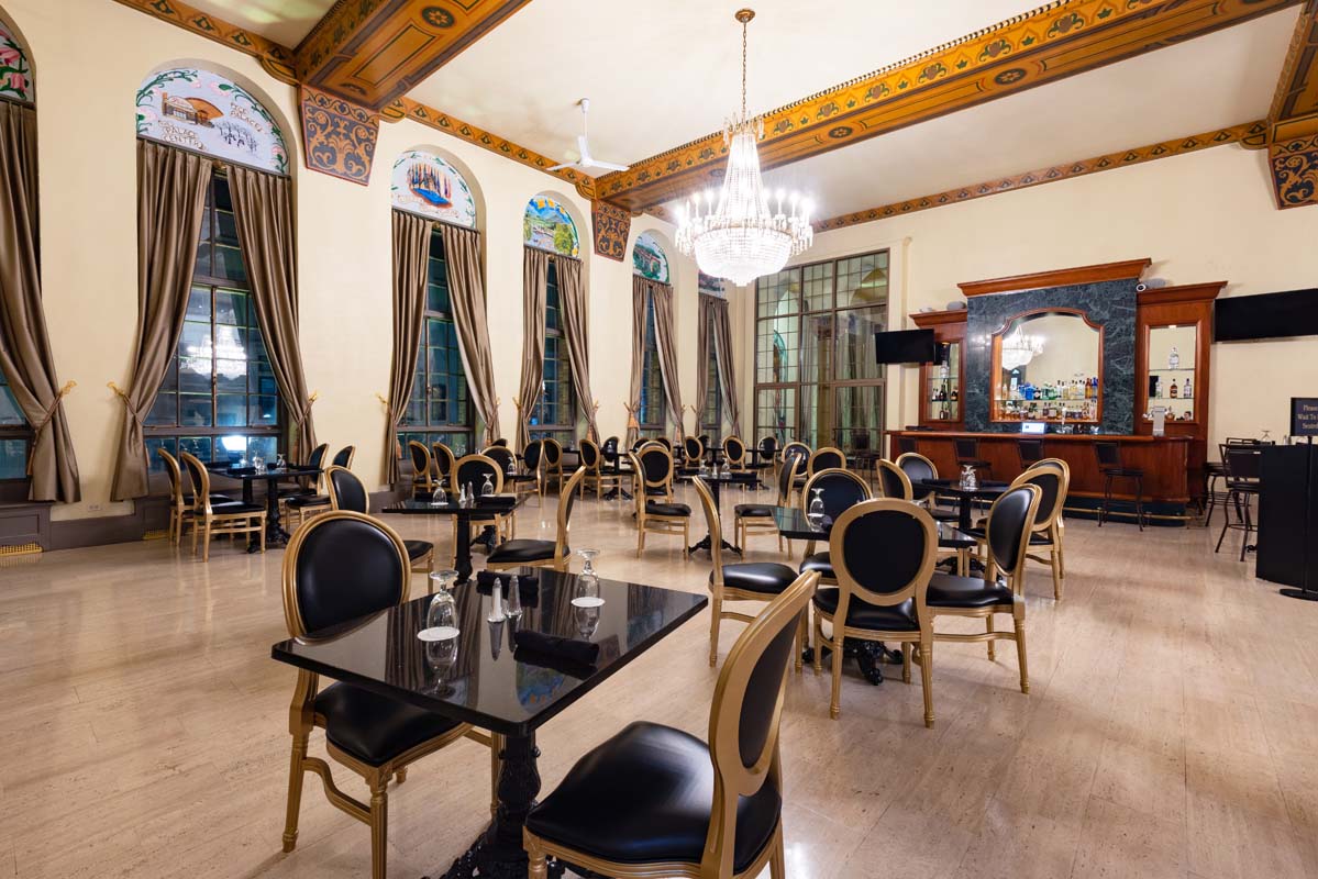 a room with tables and chairs