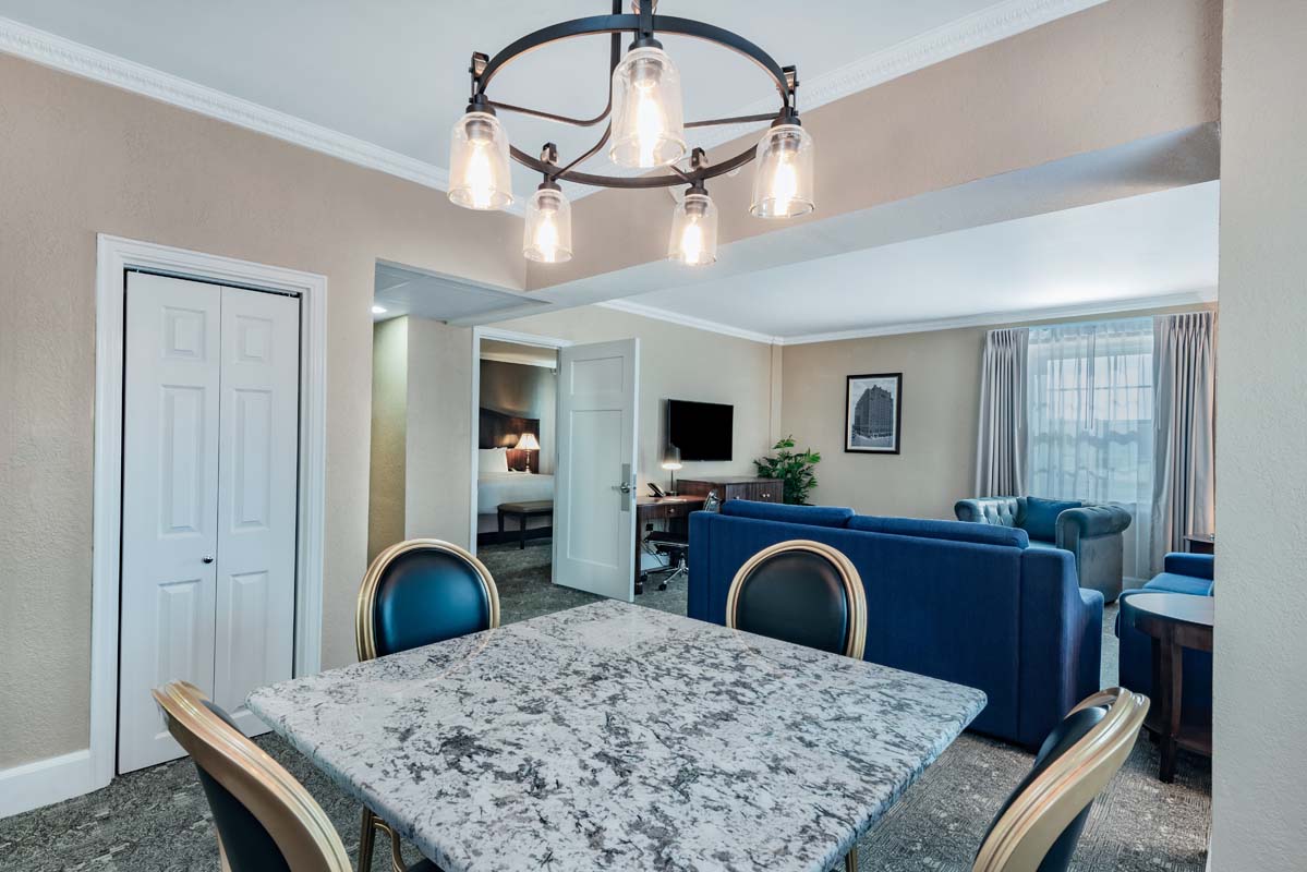 a dining table in a room