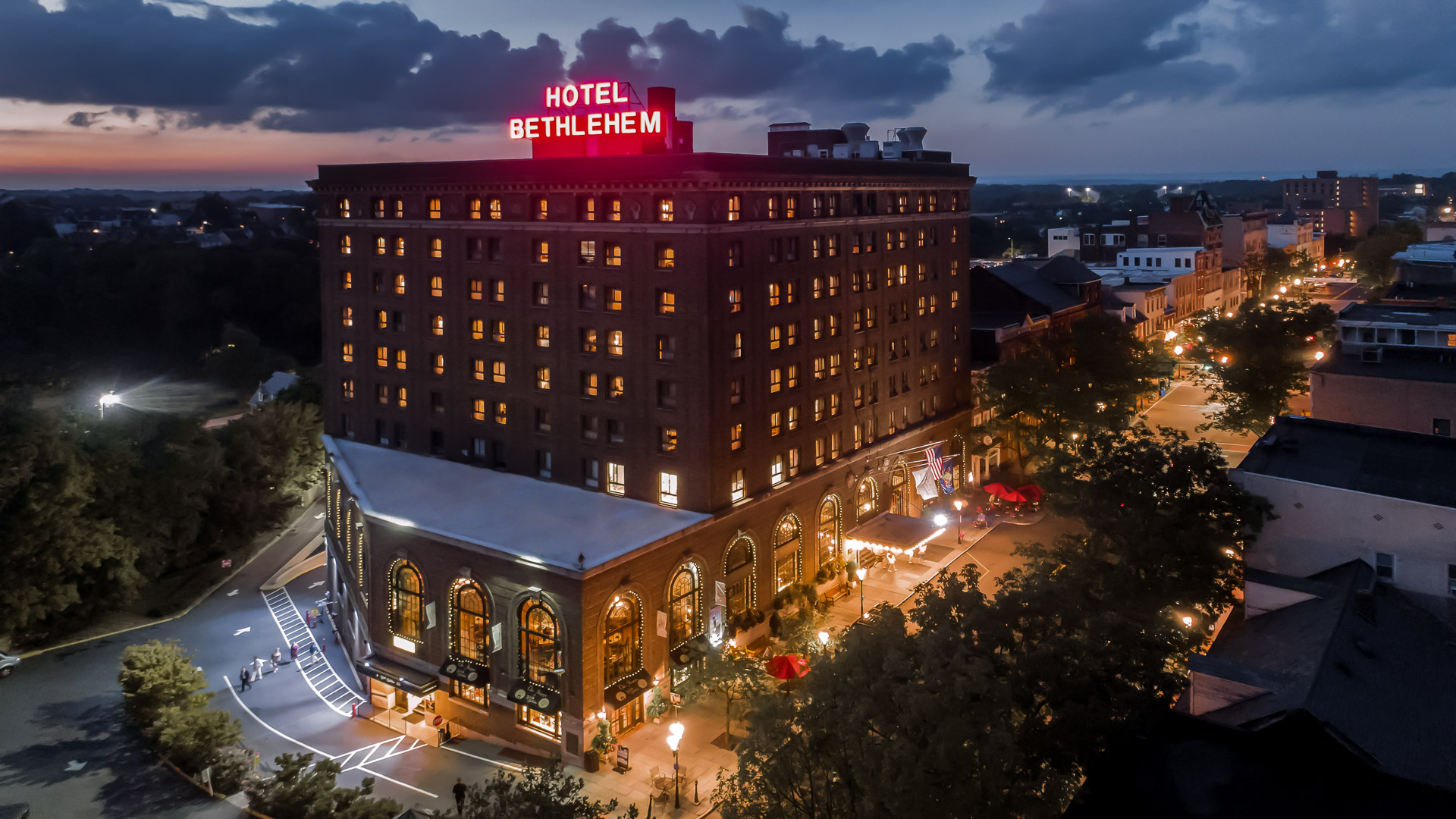 a building with lights on top of it
