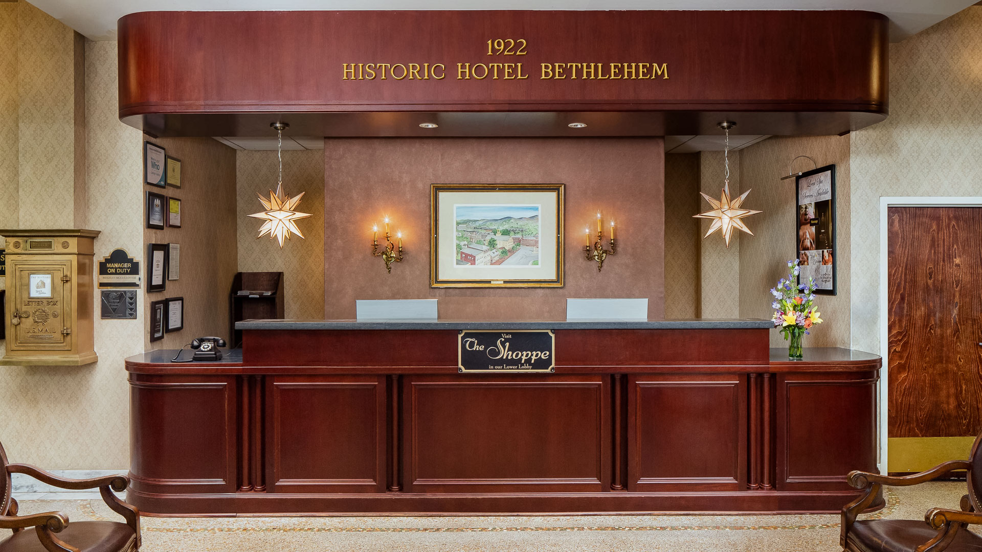 a reception desk in a hotel