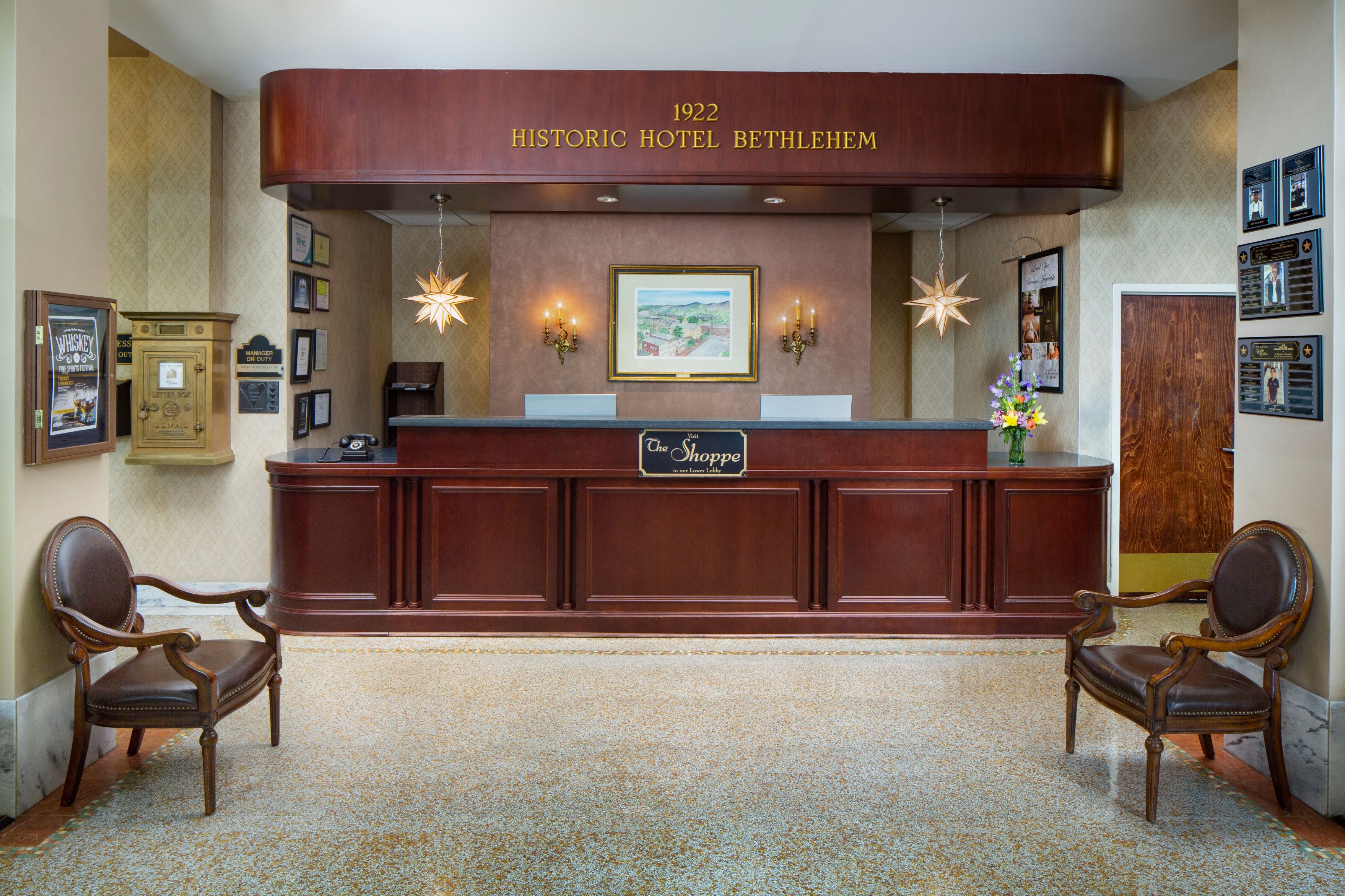 a reception desk in a hotel