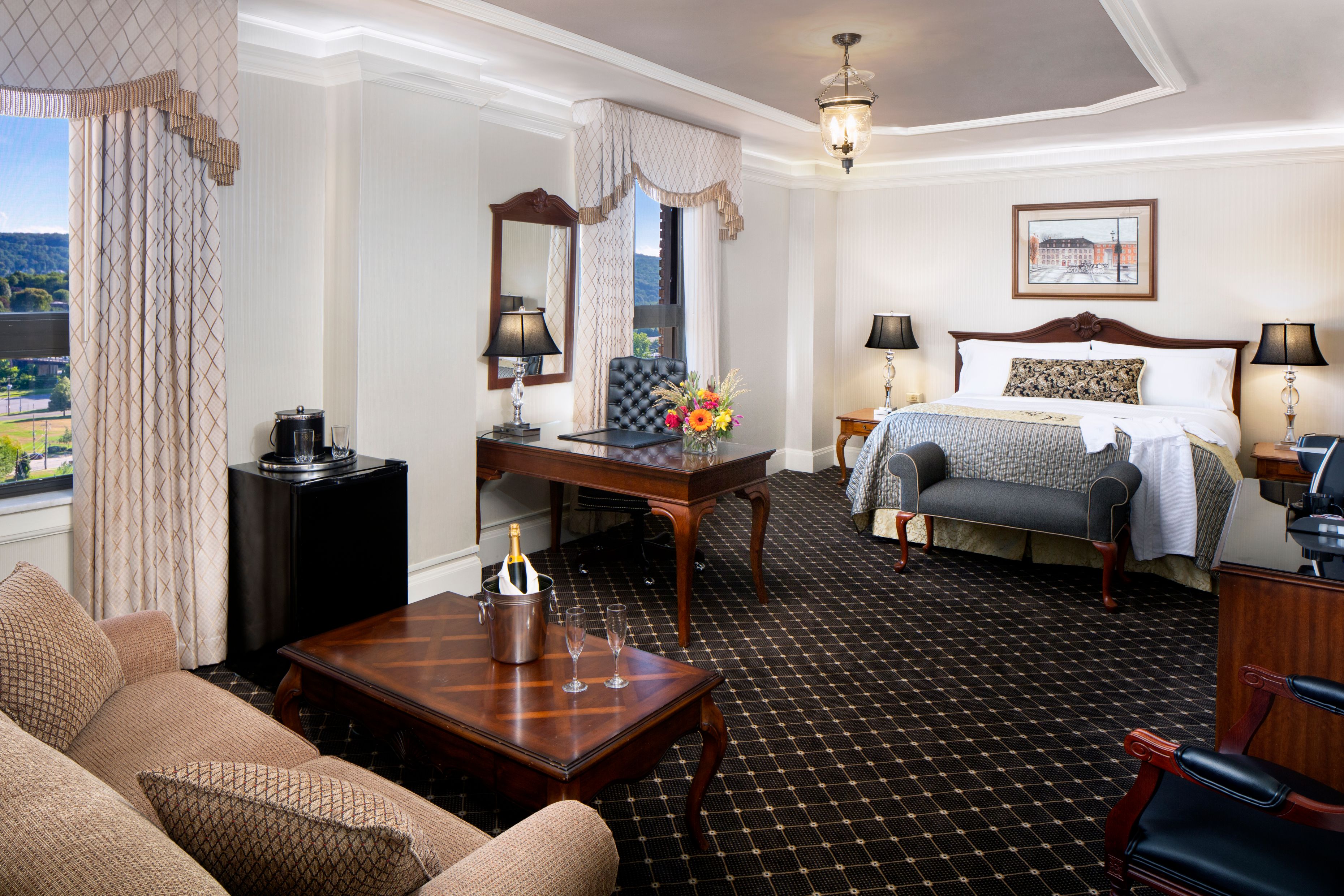 a room with a bed and a table