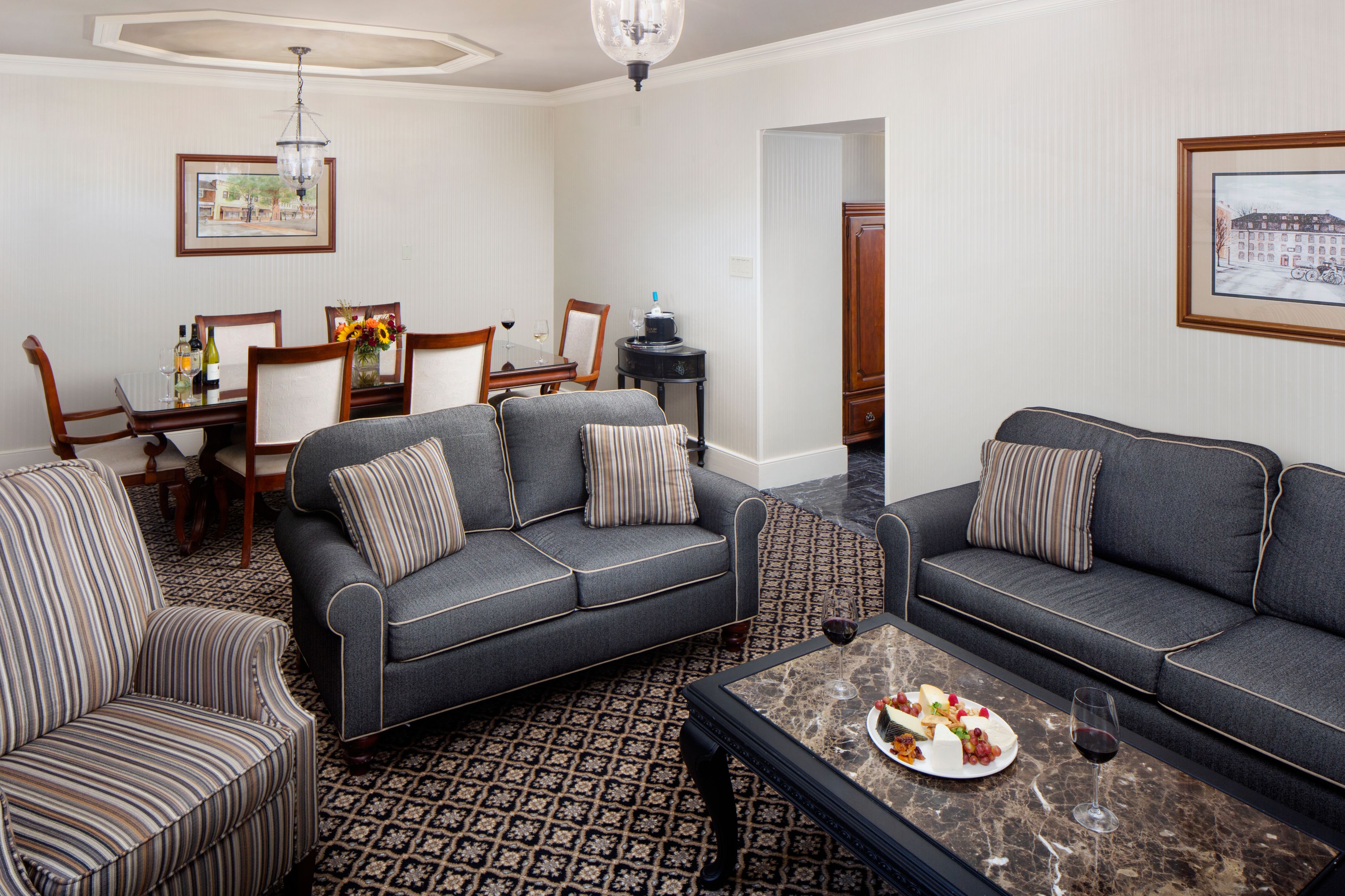 a living room with a couch and a table