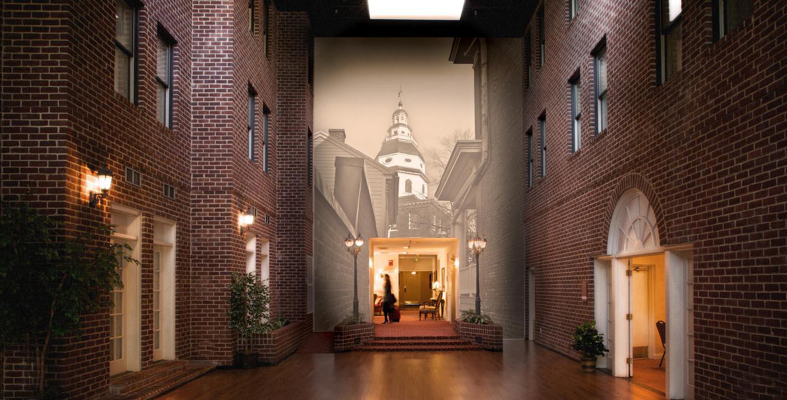 a person walking in a hallway