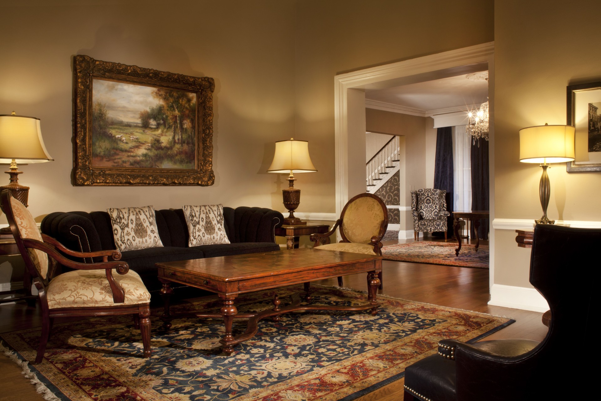 a living room with a couch and a coffee table