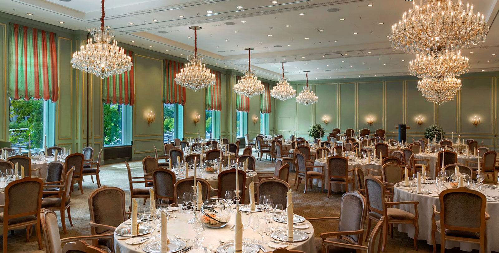 a large room with tables and chairs