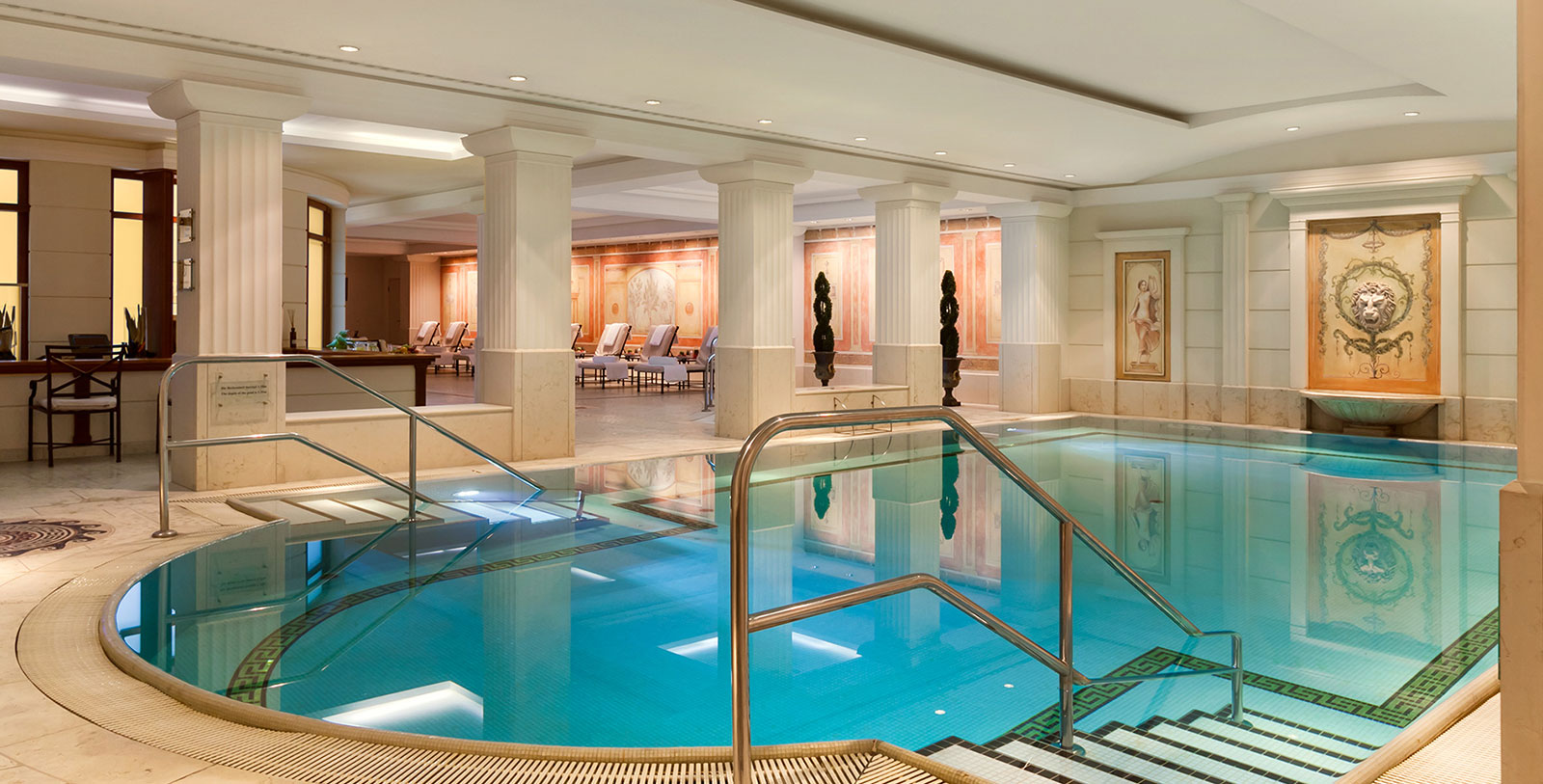 a swimming pool inside a hotel