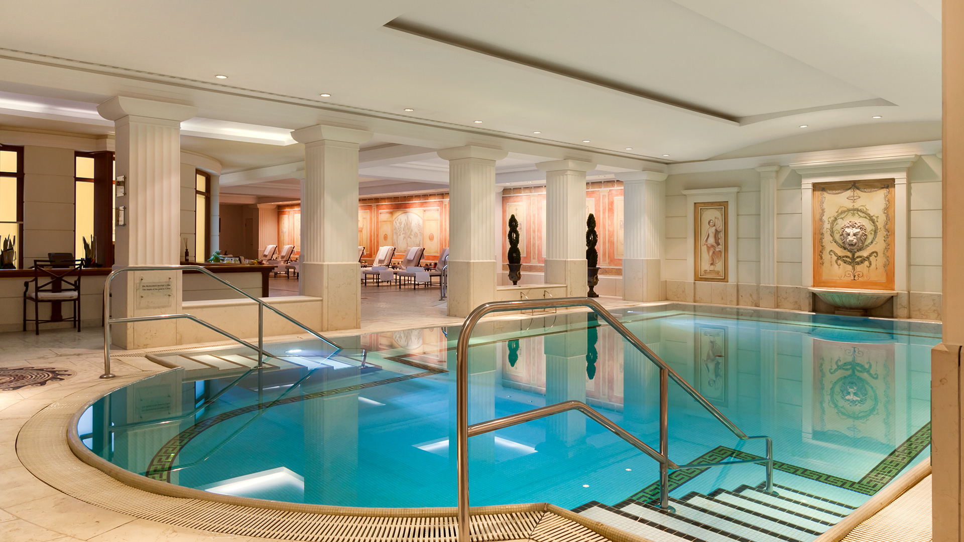 a swimming pool inside a hotel