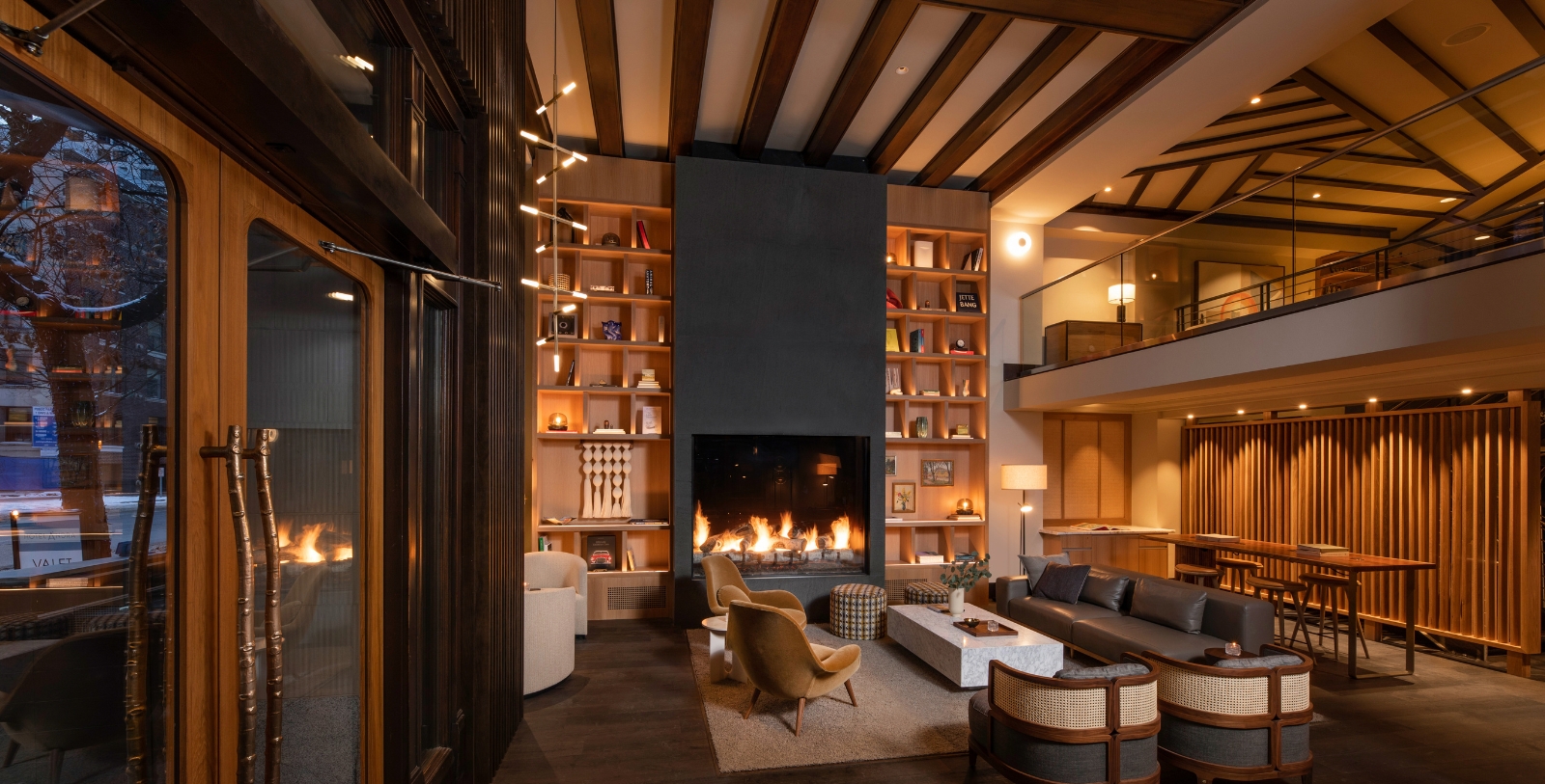 a room with a fireplace and a couch