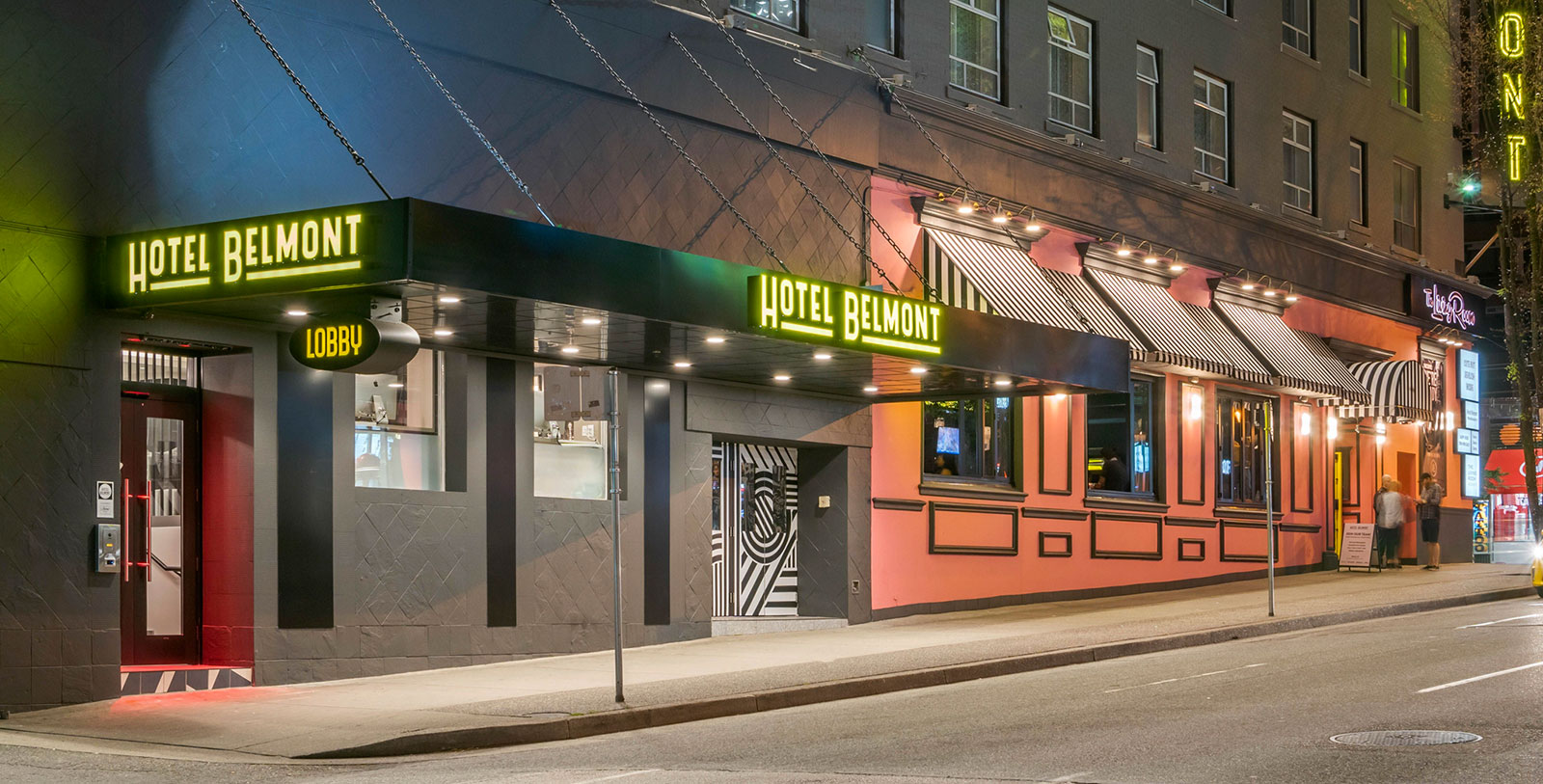 a building with a neon sign