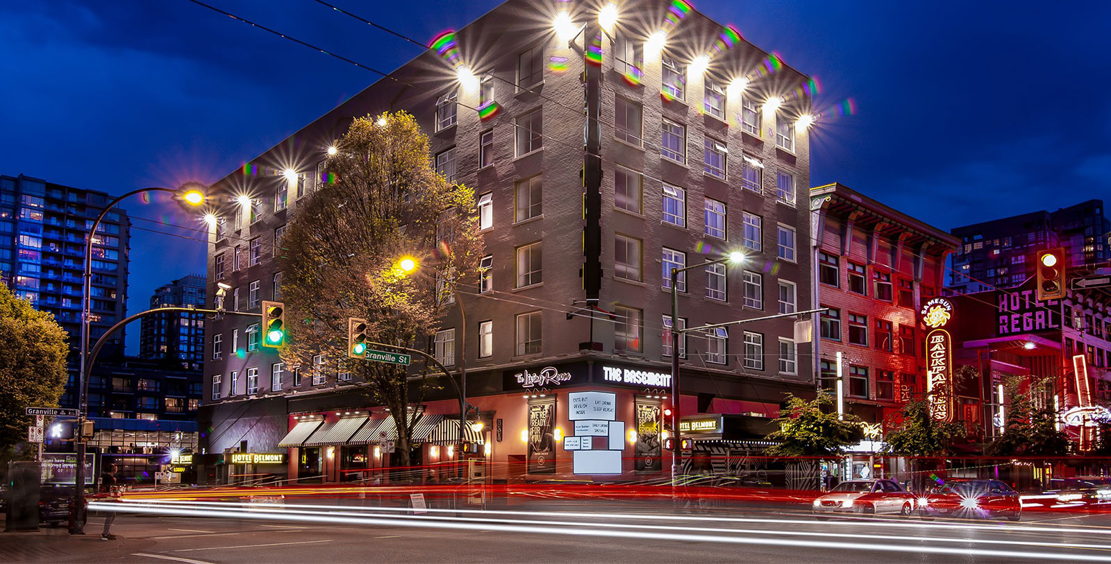 a building with lights on the side