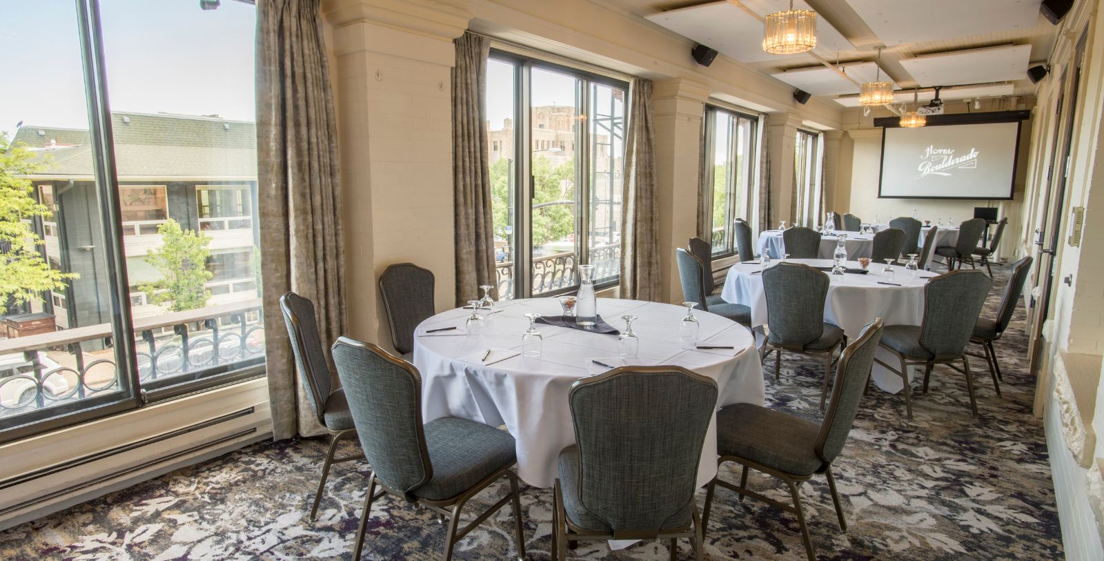 a room with tables and chairs