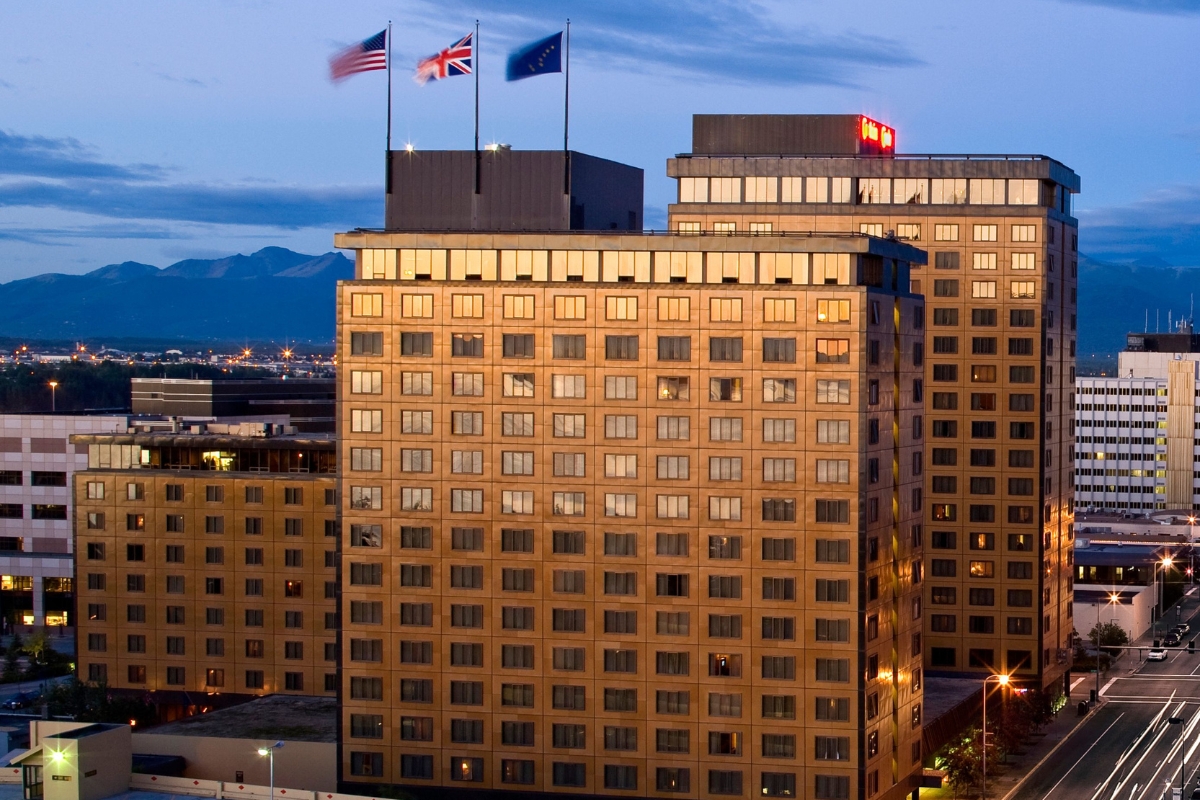 a building with flags on top of it