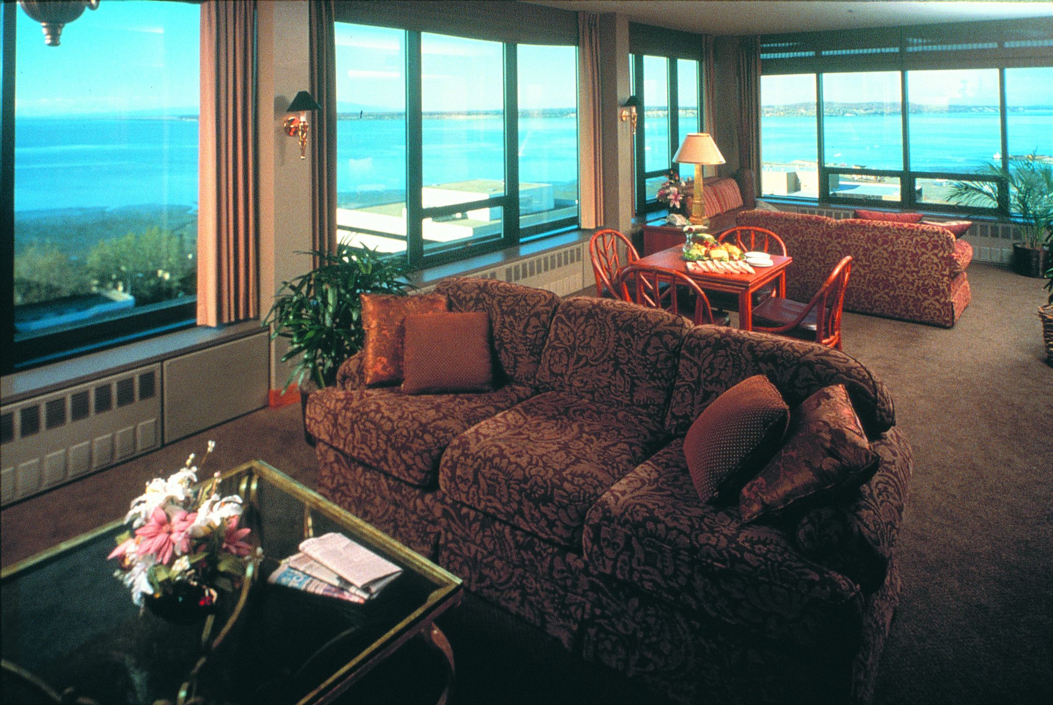 a living room with a couch and table