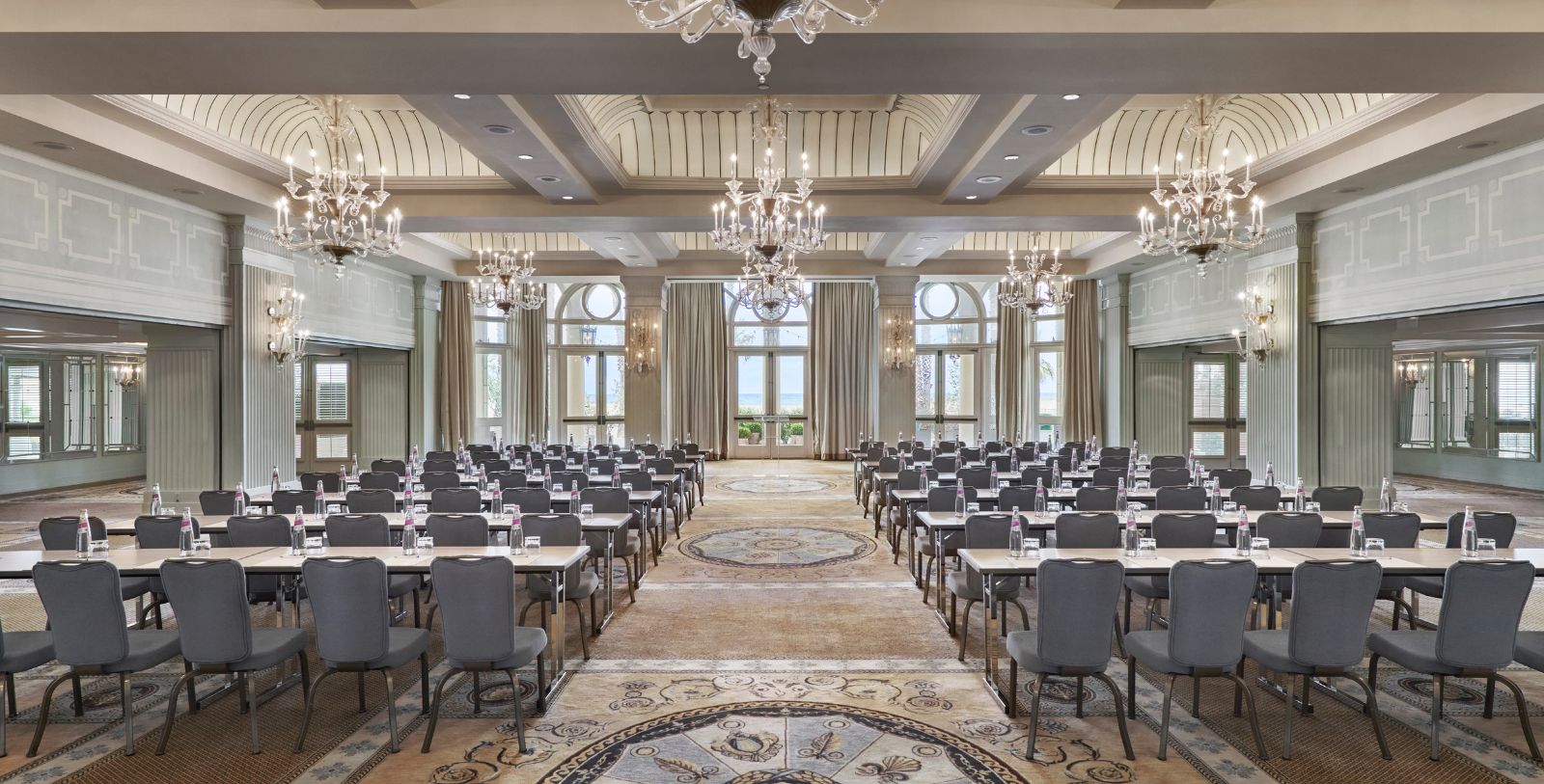a large room with tables and chairs
