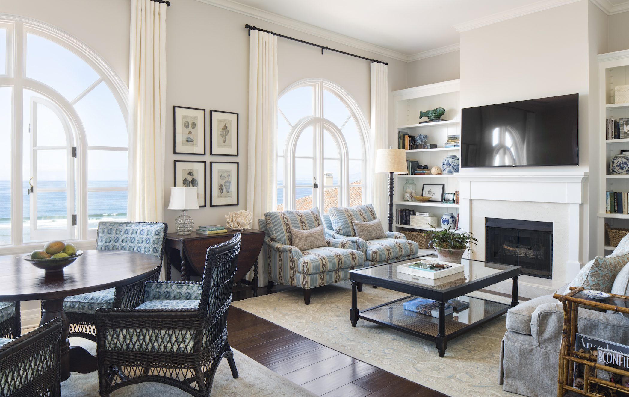 a living room with a fireplace and a couch