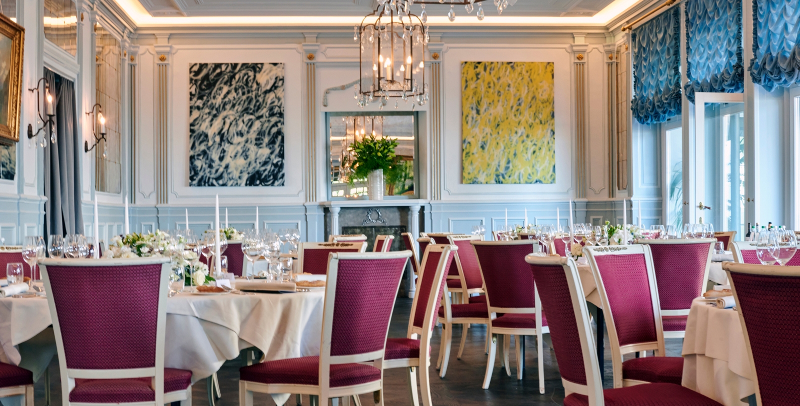 a room with tables and chairs